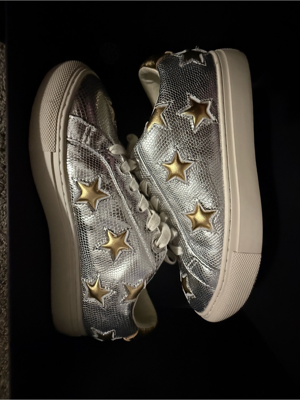 Kurt Geiger Silver Sneakers with Gold Star Accents